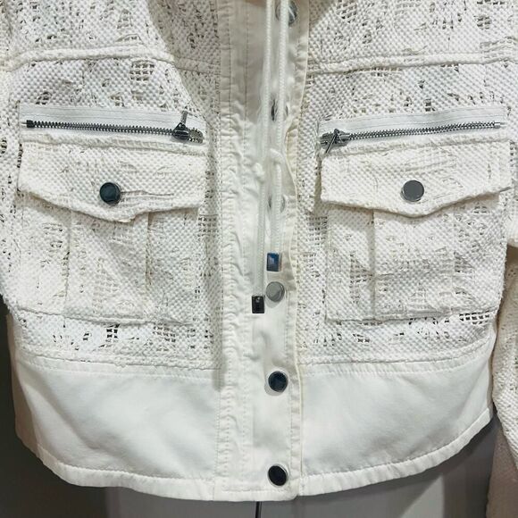 Rebecca Taylor White Cream Hooded Eyelet lightweight moto Jacket Size 8 - Picture 5 of 12